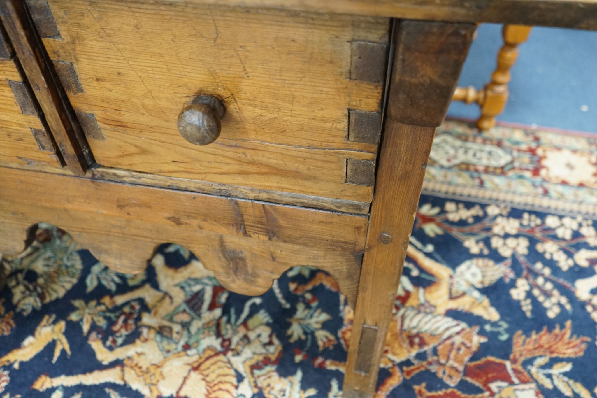 An 18th century style French Provincial fruitwood two drawer low table, width 95cm, depth 59cm, height 60cm